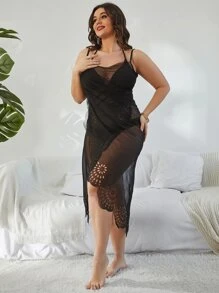 Plus Hollow Out Asymmetrical Hem Kimono - Black - View 3