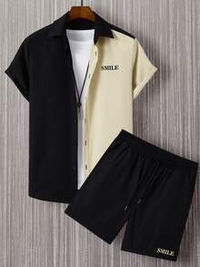 Manfinity RSRT Men Letter Graphic Two Tone Shirt & Drawstring Waist Shorts Without Tee - Multicolor - View 3