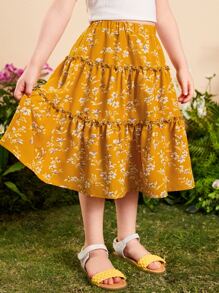 SHEIN Toddler Girls Floral Print Ruffle Hem Skirt - Mustard Yellow - View 1
