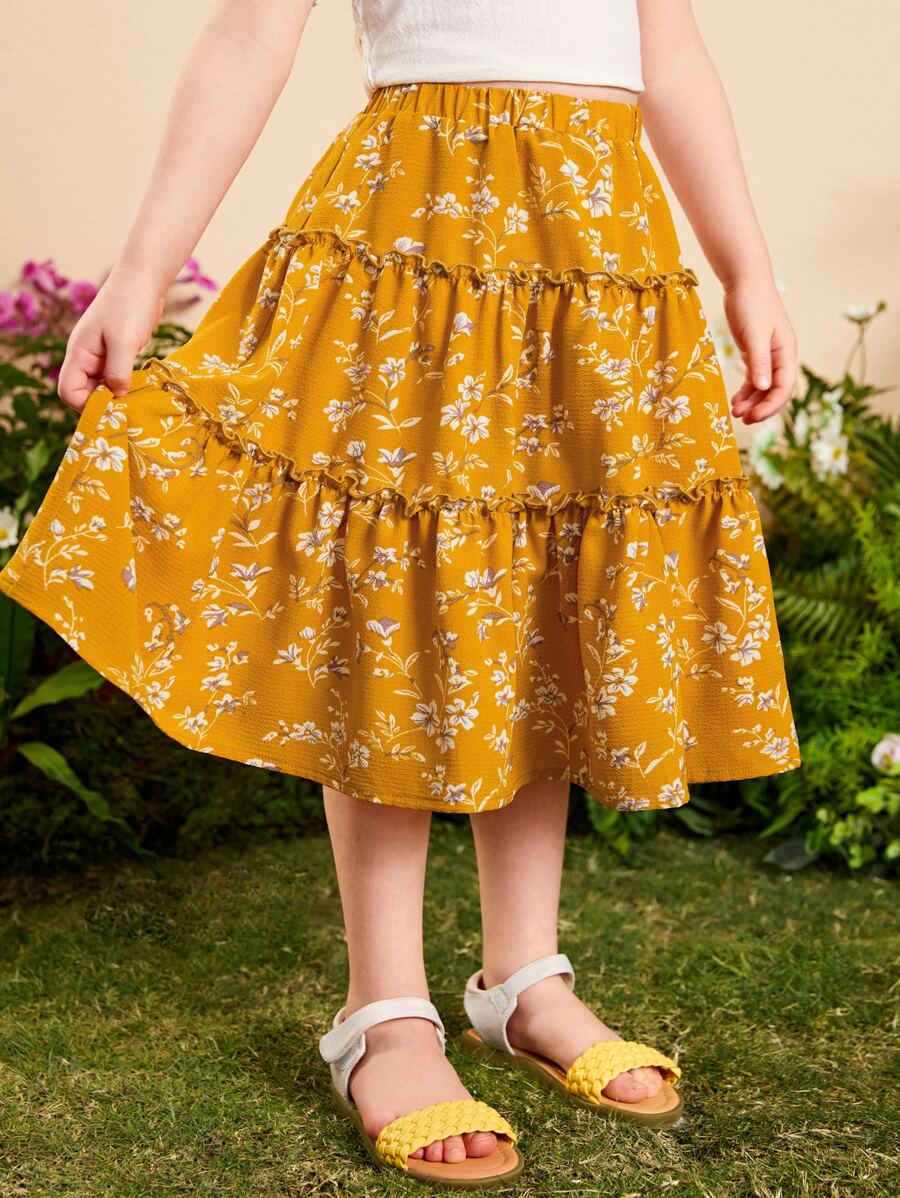 SHEIN Toddler Girls Floral Print Ruffle Hem Skirt - Mustard Yellow - View 1