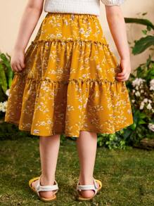 SHEIN Toddler Girls Floral Print Ruffle Hem Skirt - Mustard Yellow - View 2