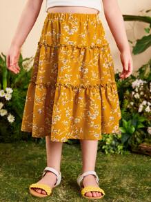 SHEIN Toddler Girls Floral Print Ruffle Hem Skirt - Mustard Yellow - View 3