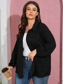 SHEIN LUNE Plus Solid Drop Shoulder Shirt - Black - View 1