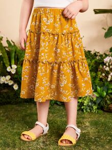SHEIN Toddler Girls Floral Print Ruffle Hem Skirt - Mustard Yellow - View 5
