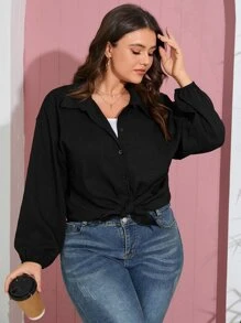 SHEIN LUNE Plus Solid Drop Shoulder Shirt - Black - View 3