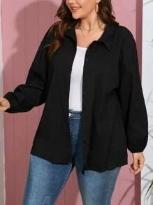 SHEIN LUNE Plus Solid Drop Shoulder Shirt - Black - View 4