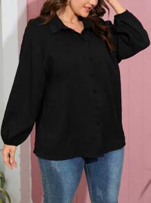 SHEIN LUNE Plus Solid Drop Shoulder Shirt - Black - View 6
