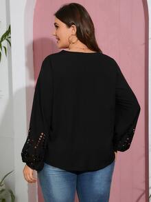 SHEIN LUNE Plus Laser Cut Knot Hem Blouse - Black - View 2