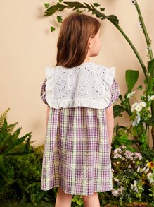 SHEIN Toddler Girls Plaid Print Eyelet Embroidery Statement Collar Dress - Multicolor - View 3