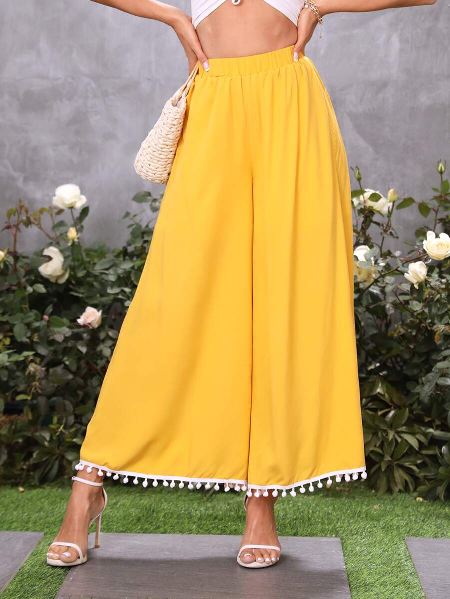 SHEIN VCAY Pantalones de pierna ancha ribete con pompón - Amarillo - Ver 1