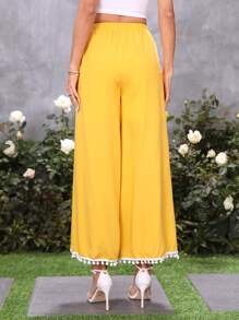 SHEIN VCAY Pantalones de pierna ancha ribete con pompón - Amarillo - Ver 2