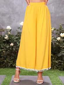SHEIN VCAY Pantalones de pierna ancha ribete con pompón - Amarillo - Ver 3