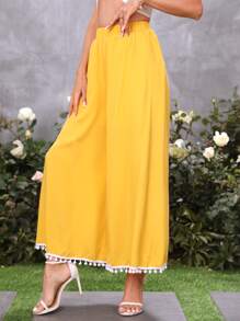 SHEIN VCAY Pantalones de pierna ancha ribete con pompón - Amarillo - Ver 4