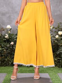 SHEIN VCAY Pantalones de pierna ancha ribete con pompón - Amarillo - Ver 6