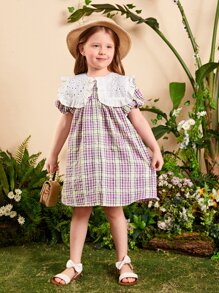 SHEIN Toddler Girls Plaid Print Eyelet Embroidery Statement Collar Dress - Multicolor - View 1