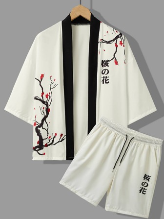 Men Letter Graphic Kimono & Letter Graphic Drawstring Waist Shorts