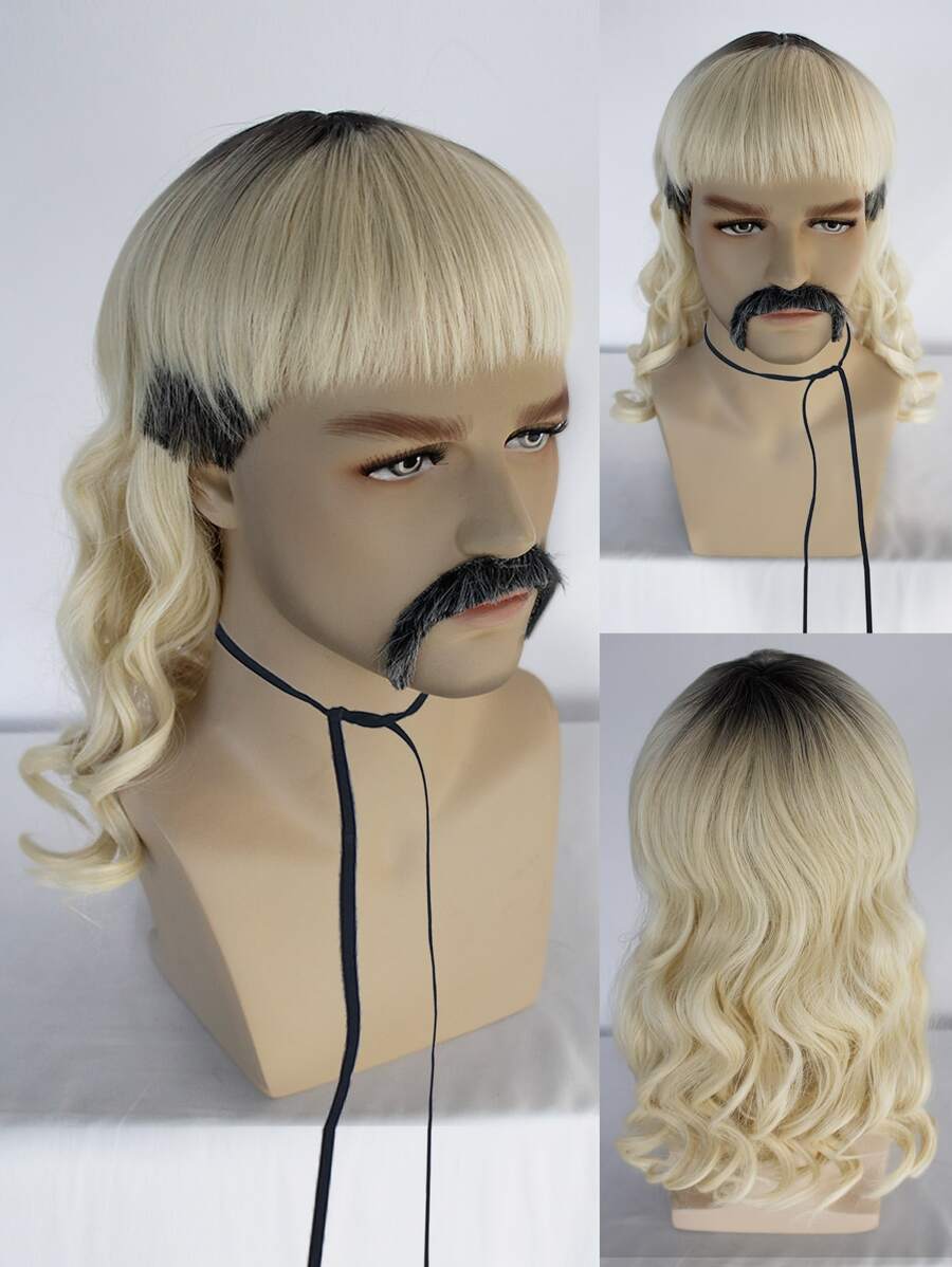 Tóc giả tổng hợp xoăn trung bình có tóc mái cho nam