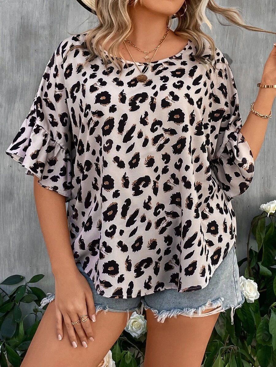 SHEIN LUNE Áo sơ mi Plus Size Xù In hoa Báo Giải trí - Màu be - Xem 1