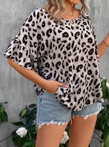 SHEIN LUNE Áo sơ mi Plus Size Xù In hoa Báo Giải trí - Màu be - Xem 5