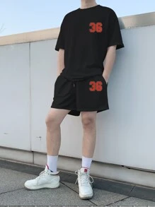 Manfinity Men Letter Graphic Tee & Shorts - Multicolor - View 2