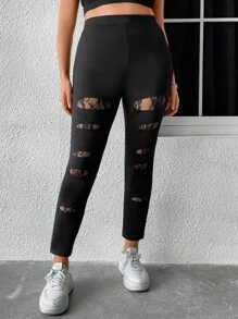 Calvaya Plus Lace Insert Wideband Waist Leggings - Black - View 1