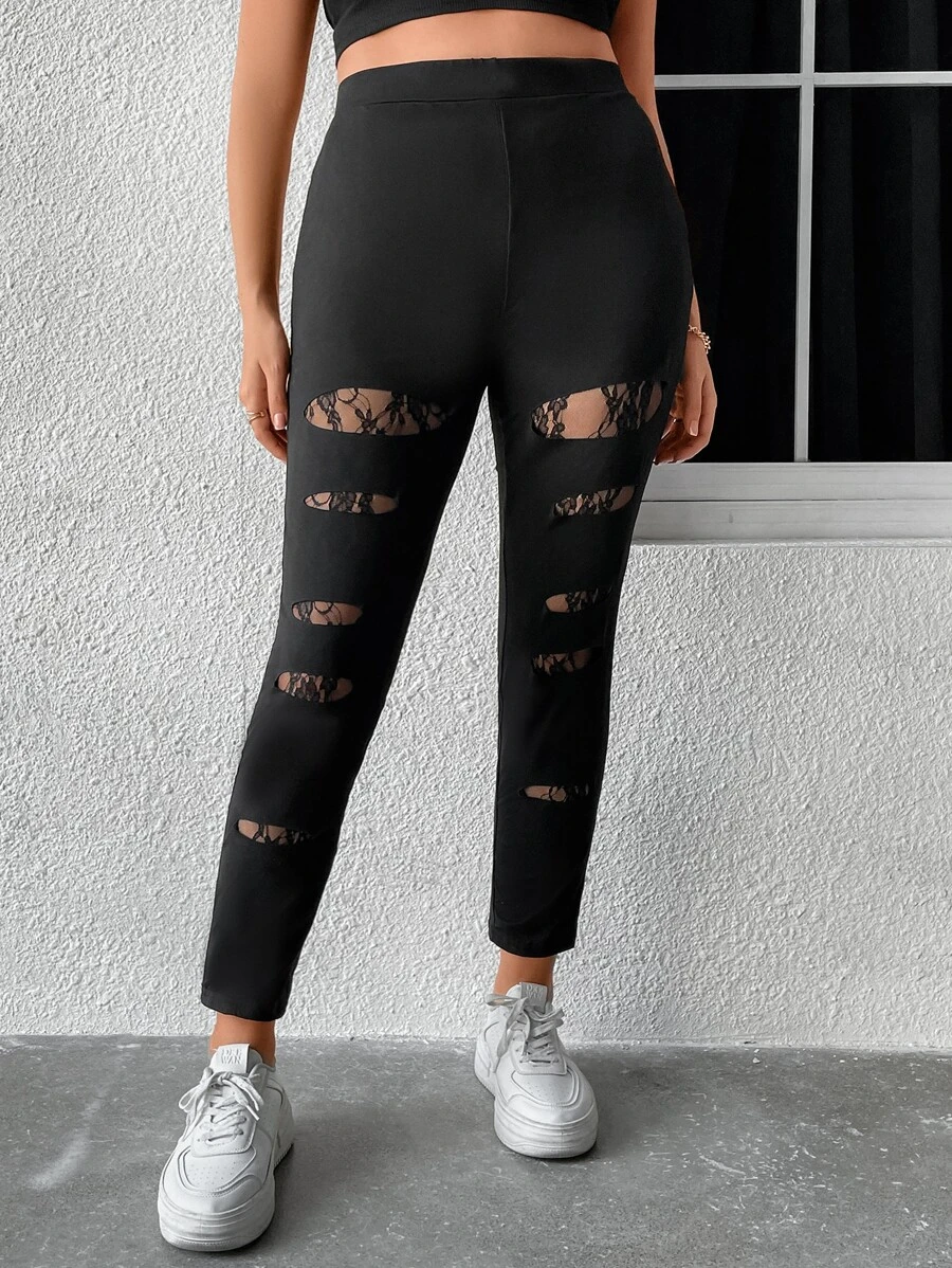 Calvaya Plus Lace Insert Wideband Waist Leggings - Black - View 1