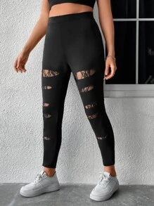 Calvaya Plus Lace Insert Wideband Waist Leggings - Black - View 3