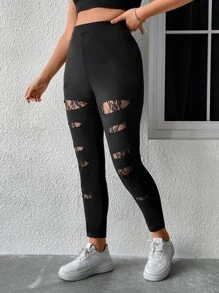 Calvaya Plus Lace Insert Wideband Waist Leggings - Black - View 5