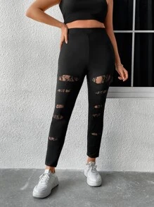 Calvaya Plus Lace Insert Wideband Waist Leggings - Black - View 6