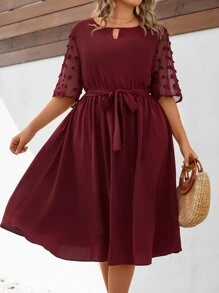 SHEIN Clasi Plus Contrast Swiss Dot Mesh Keyhole Neckline Belted Dress - Burgundy - View 1