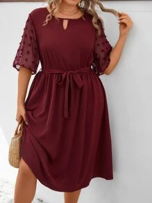 SHEIN Clasi Plus Contrast Swiss Dot Mesh Keyhole Neckline Belted Dress - Burgundy - View 4