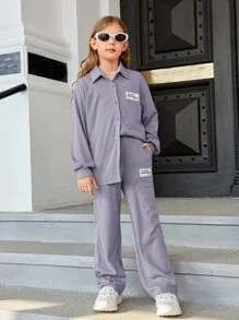 SHEIN Girls Letter Patched Drop Shoulder Top & Trousers - Dusty Purple - View 1