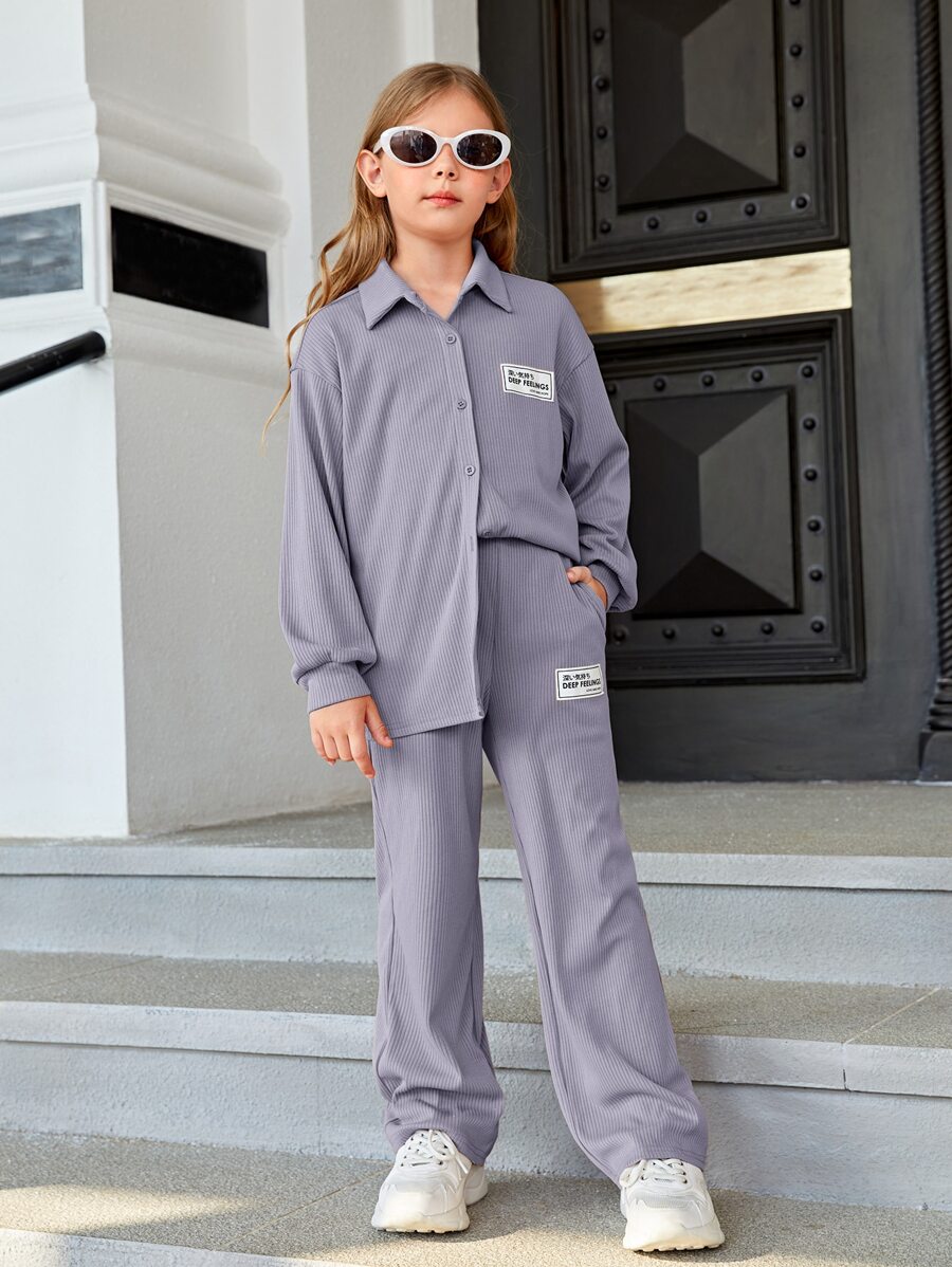 SHEIN Girls Letter Patched Drop Shoulder Top & Trousers - Dusty Purple - View 1