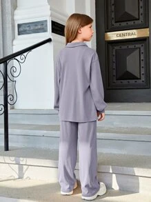 SHEIN Girls Letter Patched Drop Shoulder Top & Trousers - Dusty Purple - View 2