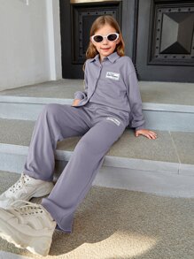 SHEIN Girls Letter Patched Drop Shoulder Top & Trousers - Dusty Purple - View 4