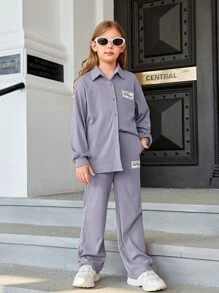 SHEIN Girls Letter Patched Drop Shoulder Top & Trousers - Dusty Purple - View 5