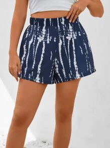 SHEIN Holidaya Plus Tie Dye Elastic Waist Shorts - Navy Blue - View 4