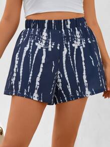 SHEIN Holidaya Plus Tie Dye Elastic Waist Shorts - Navy Blue - View 6