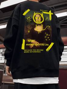 Manfinity LEGND 男士標語和人物圖案落肩袖套頭衫無襯衫 - 黑色 - 查看 1