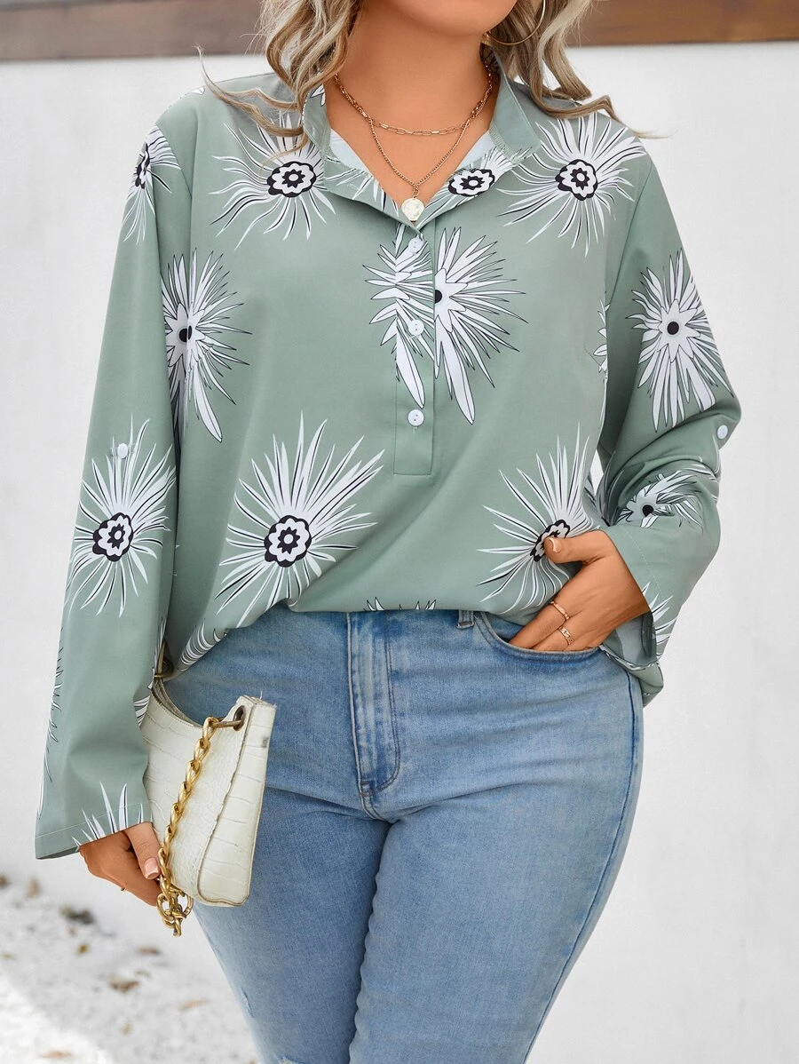 SHEIN LUNE Blusa con estampado floral con botón - Verde - Ver 1