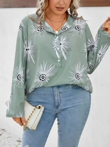 SHEIN LUNE Blusa con estampado floral con botón - Verde - Ver 3