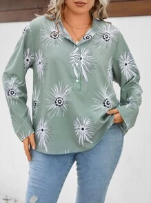 SHEIN LUNE Blusa con estampado floral con botón - Verde - Ver 4