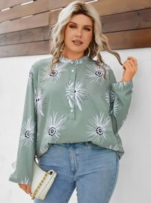 SHEIN LUNE Blusa con estampado floral con botón - Verde - Ver 5