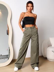 SHEIN EZwear Flap Pocket Wide Leg Jeans - Army Green - View 1