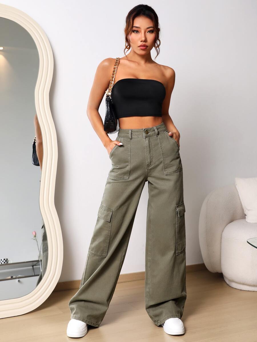 SHEIN EZwear Flap Pocket Wide Leg Jeans - Army Green - View 1