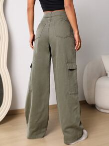 SHEIN EZwear Flap Pocket Wide Leg Jeans - Army Green - View 2