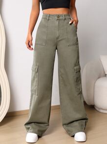 SHEIN EZwear Flap Pocket Wide Leg Jeans - Army Green - View 4