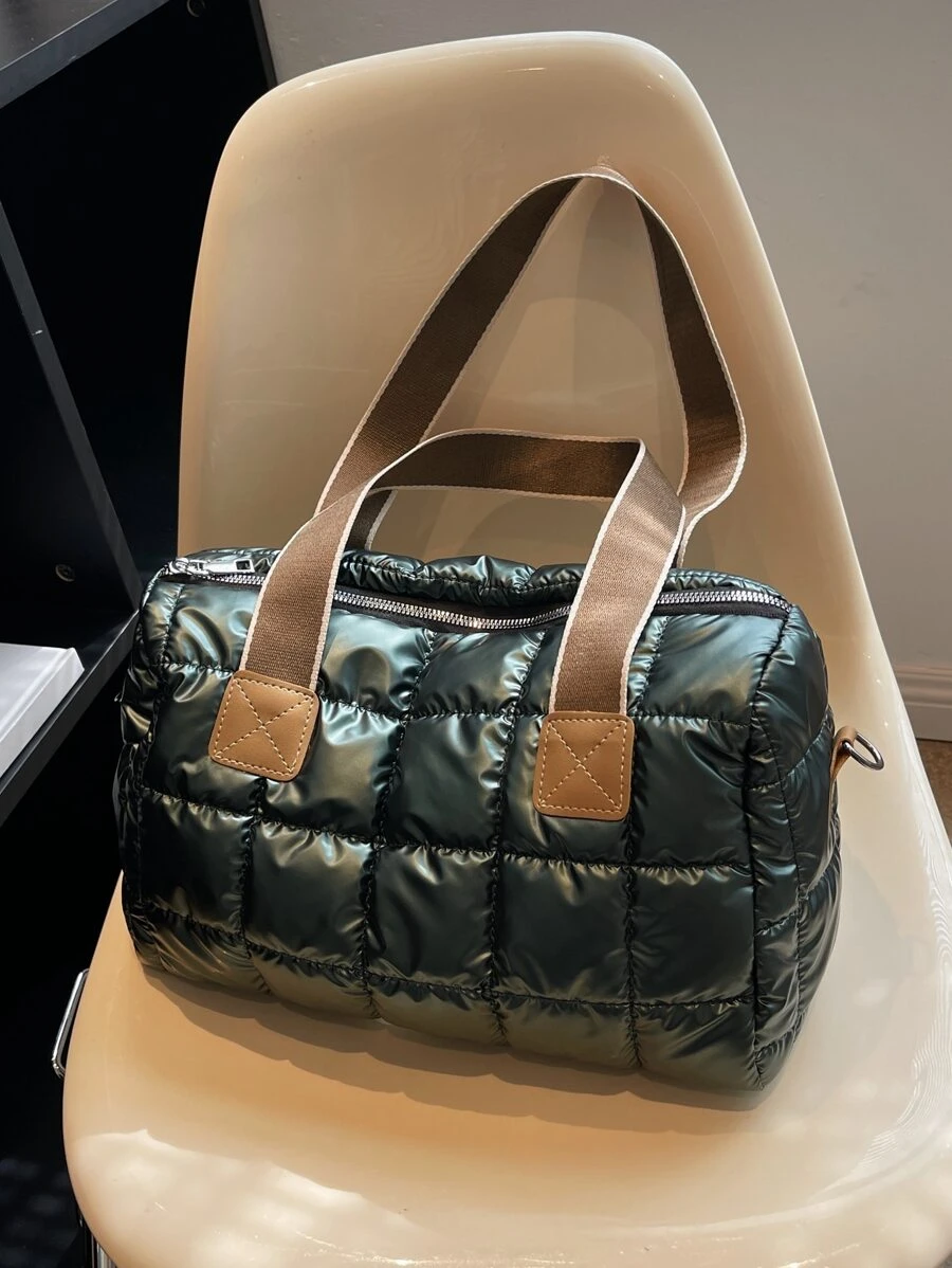 New Arrival Autumn & Winter Fashion Stitched Wide Strap Women'S Tote Bag, Solid Color, Zipper Closure, Large Capacity, Can Be Used As Crossbody Bag, Suitable For Daily, Work, Commute, College, Study - Dark Green - View 1