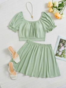 SHEIN VCAY Ruched Bust Puff Sleeve Crop Tee & Flare Skirt - Mint Green - View 1