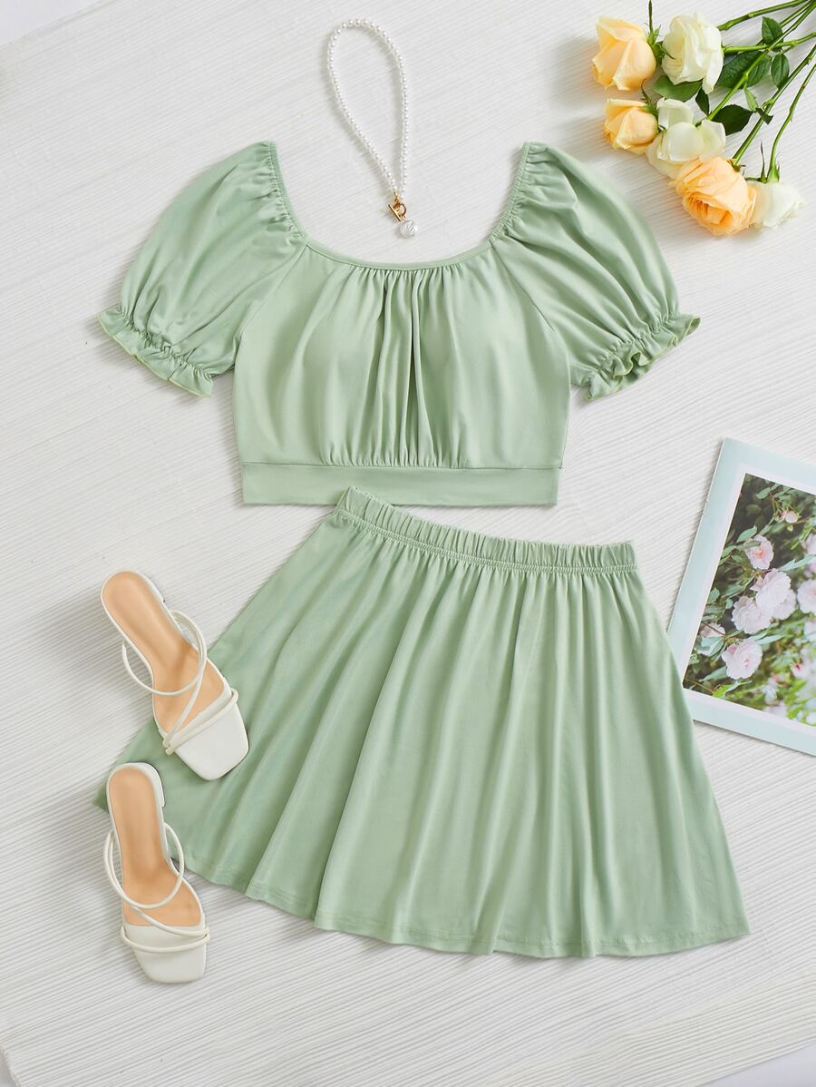 SHEIN VCAY Ruched Bust Puff Sleeve Crop Tee & Flare Skirt - Mint Green - View 1
